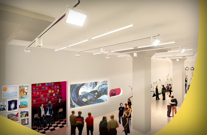 The gallery was centrally located and functioned as a corridor for accessing all other areas of the museum. In this capacity, the gallery served many needs: educational art exhibits, hands-on workshops, guest presentations, video screenings, and relaxing rest area.