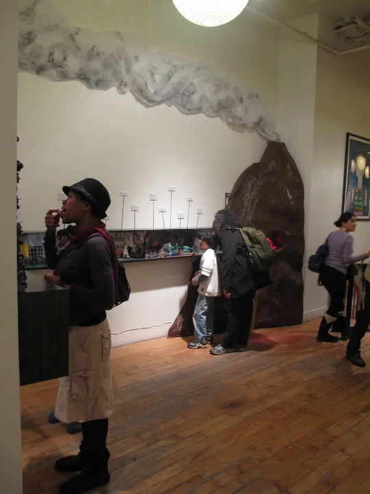 This exhibition showcased puppets, props, and sets created by children in CMA's Media Lab classes. Long horizontal display cases ran throughout the gallery, each displaying unique and evocative scenes from ten fantastic films. 