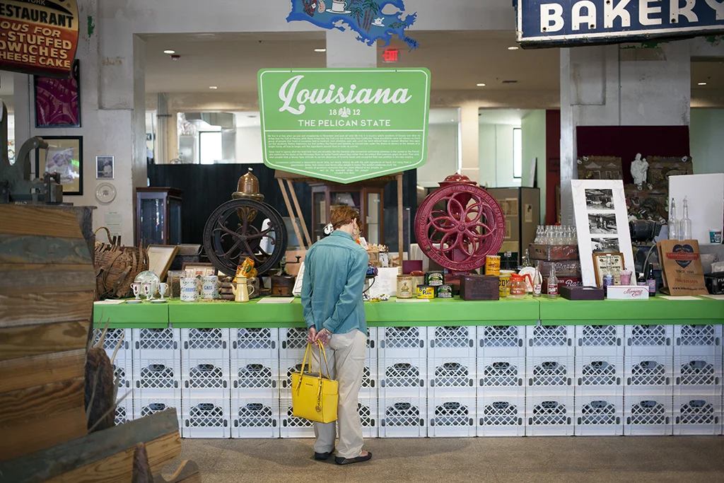 The final and of course largest state exhibit is the Leah Chase Louisiana Gallery. The 20' long table is supported by venerable white milk crates. 