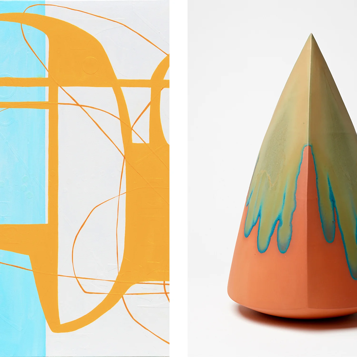 Portion of "Here We Go Again" by Maura Segal (left) and portion of "Beginning" by Amanda Gentry (right)