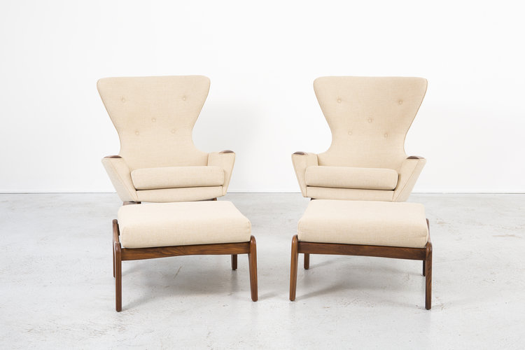 Set of Adrian Pearsall Wingback Chairs + Ottomans