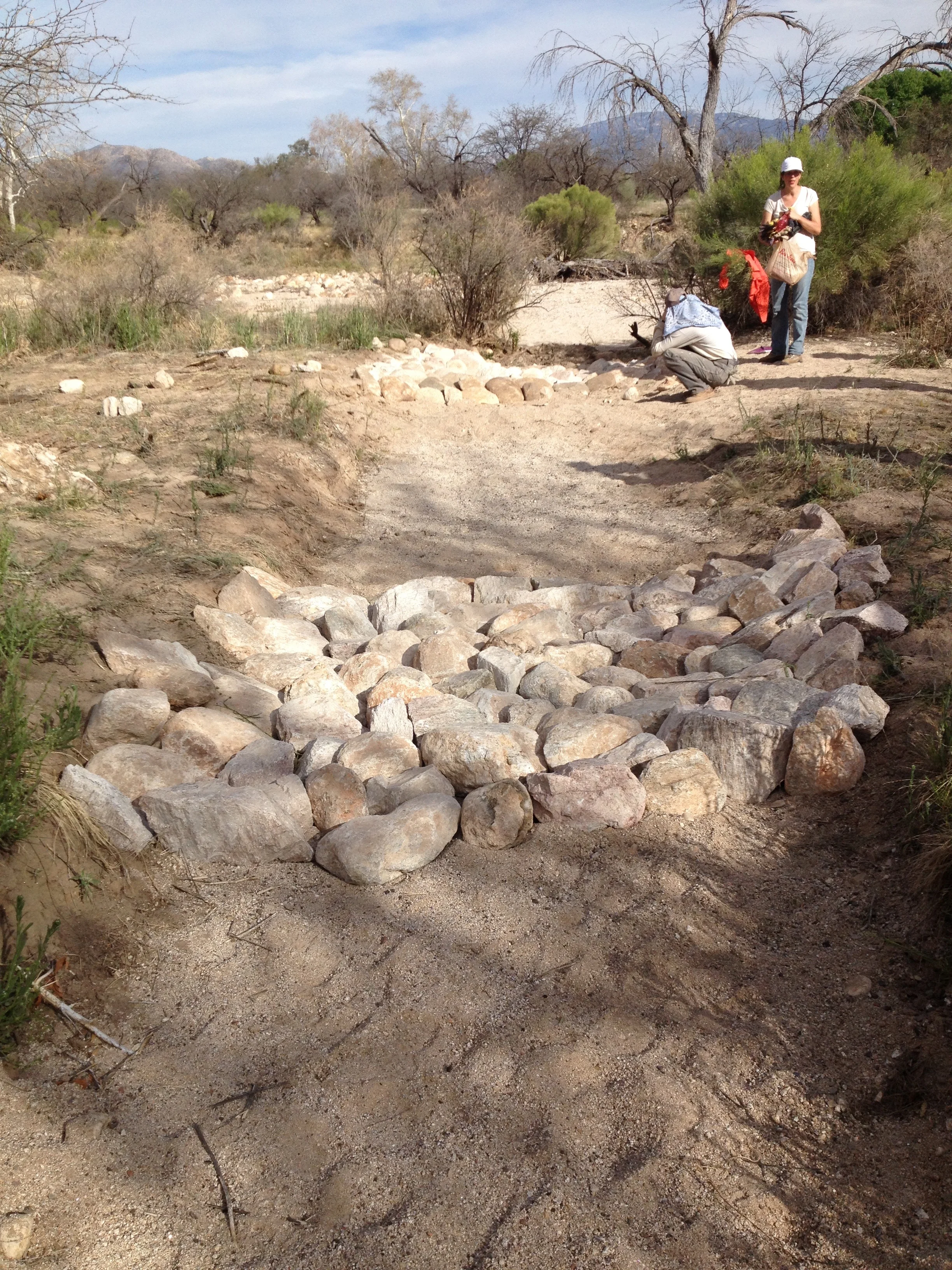 After a long, super satisfying and productive day, we finish up at the two one rock dams at the mouth of the arroyo.