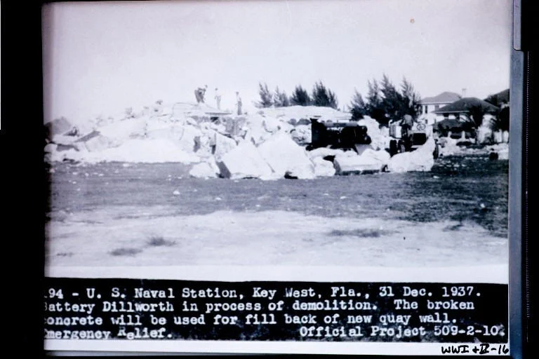 1937 - Battery Dillworth being destroyed to be used for fill in new Quay wall. The photo clearly shows that Australian Pines were present at Fort Taylor. 