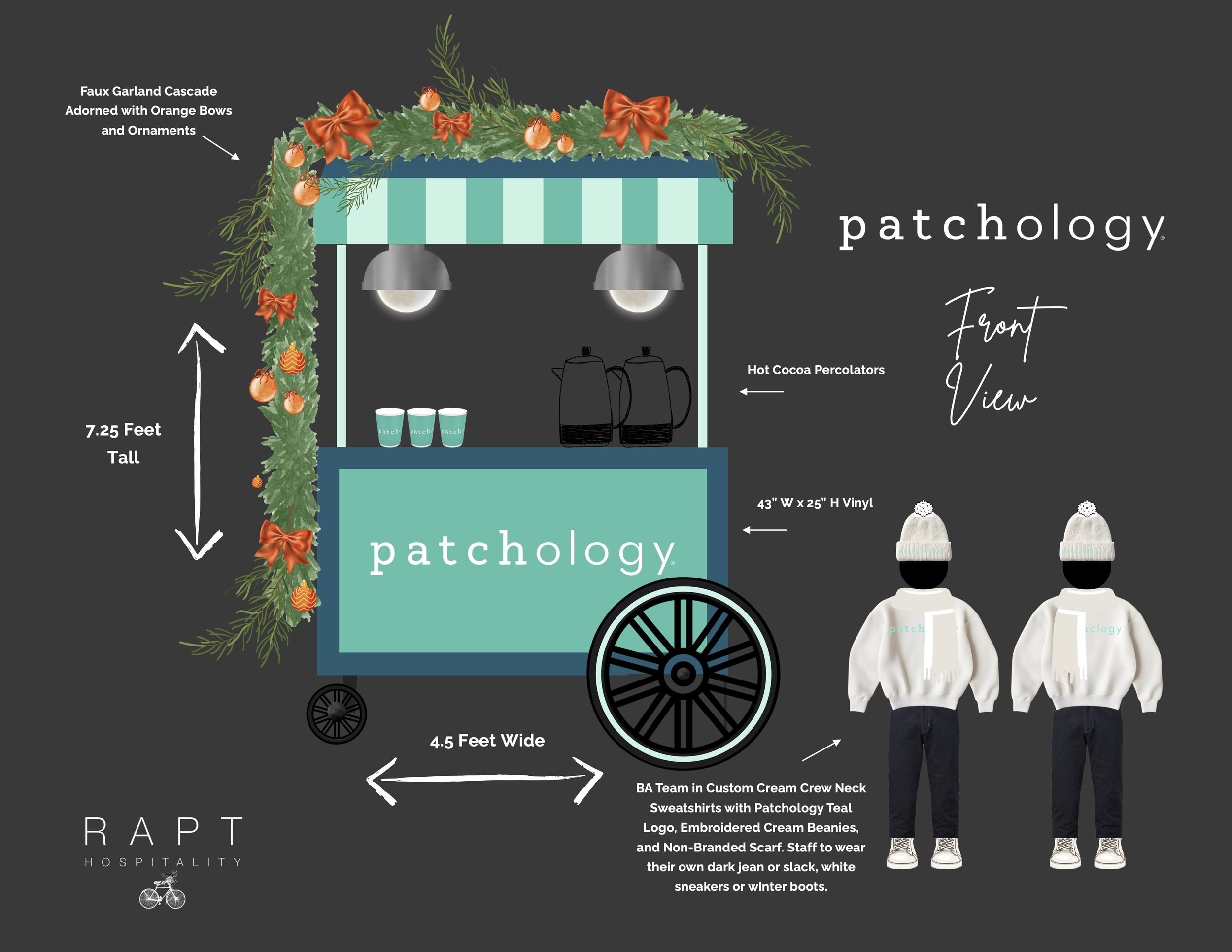 RAPT pop-up cart spec sheet showing full cart design, dimensions, holiday garland décor, equipment layout, and staff uniform concepts created by RAPT Hospitality.