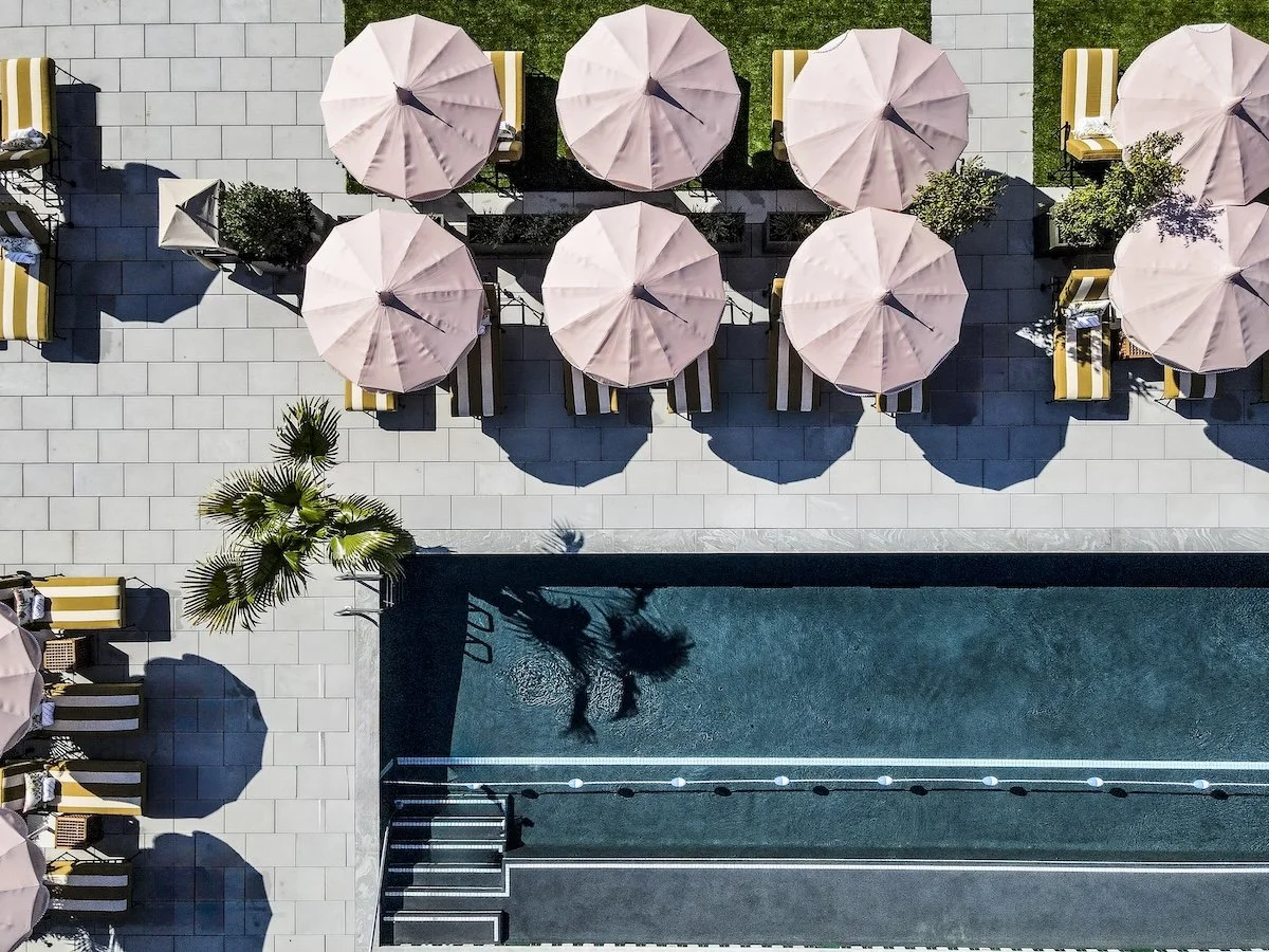 Aerial drone photography of Asticou Hotel pool Bar Harbor Maine by Heidi Kirn