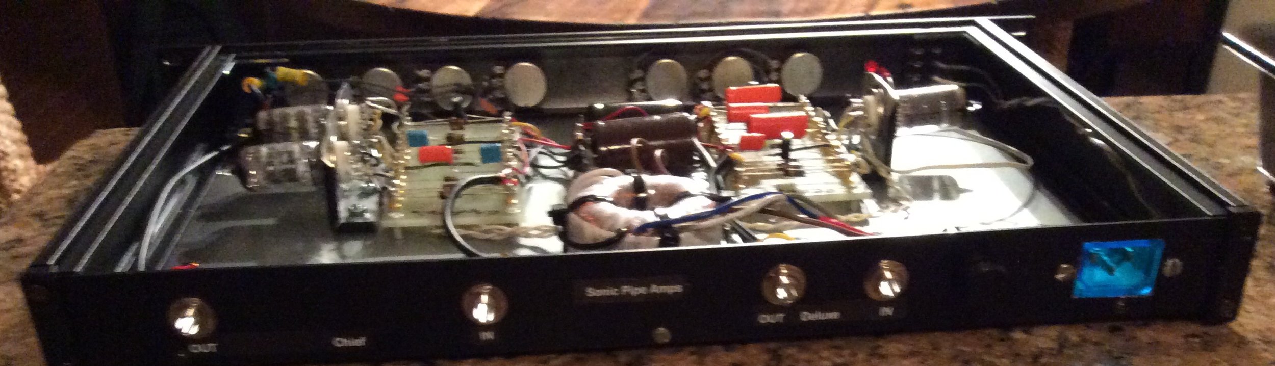 Gut shot of preamp showing low profile toroid transformer and turret boards with juicy caps and NOS 12AX7 tubes