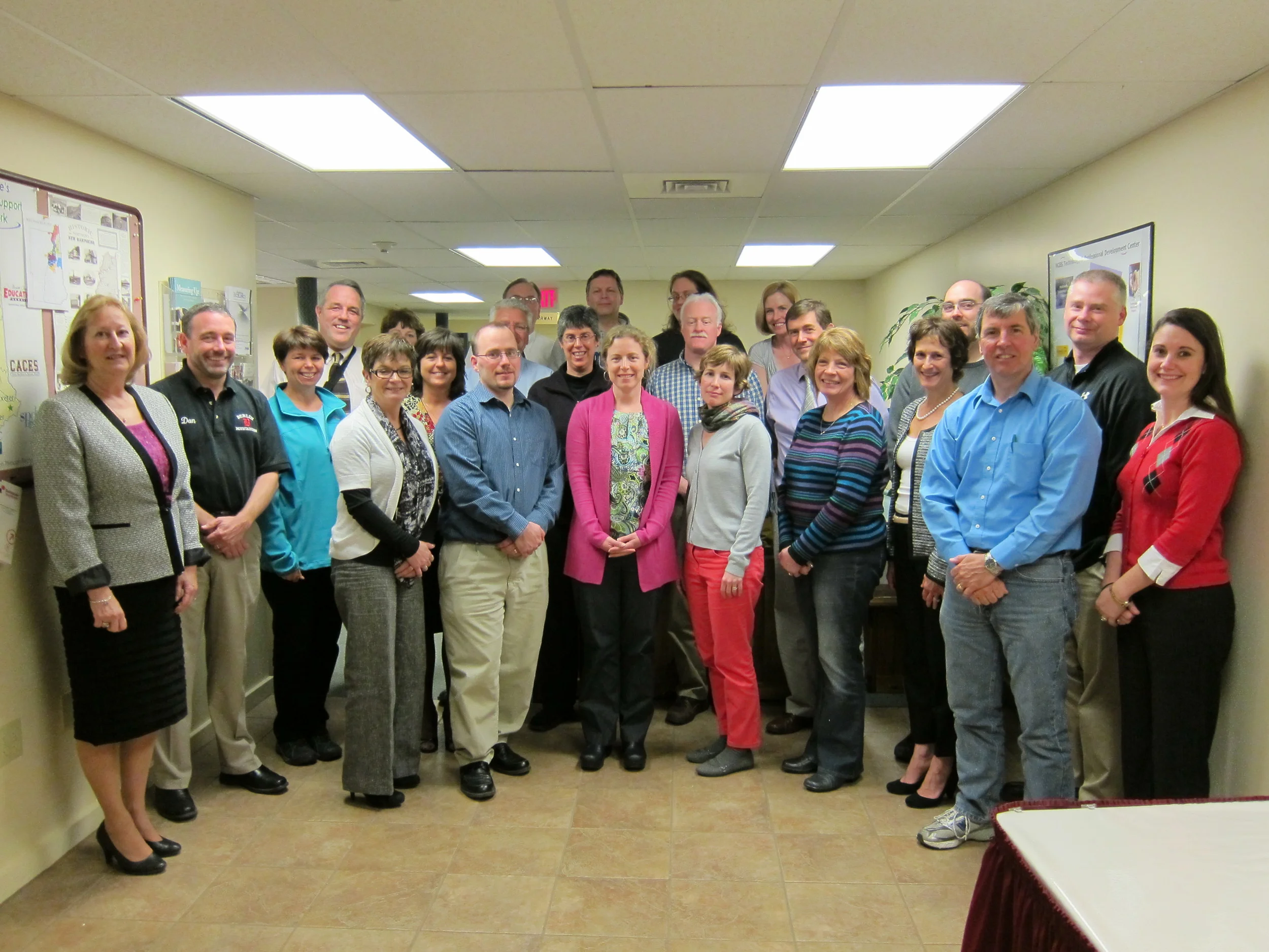 NISL Cohort I. Front row (l-r): Corinne Cascadden, Dan Record, Judith McGann, Robert Scott, Jordan Burke, Tina Binette, Joanne Melanson, Janet Strauss (facilitator), Paul Bousquet, Amy Huter. Middle row: Jonan Torsey, Karen Conroy, Carl Ladd (facilitator), Lisa Burbach, Mike Kelley, David Backler, Ben Jellison, Adam Houghton. Back row: Pierre Couture, Karen Moore, Brent Walker, Tanya Patterson, Traci Howard. Absent from photo: Laurie Melanson.