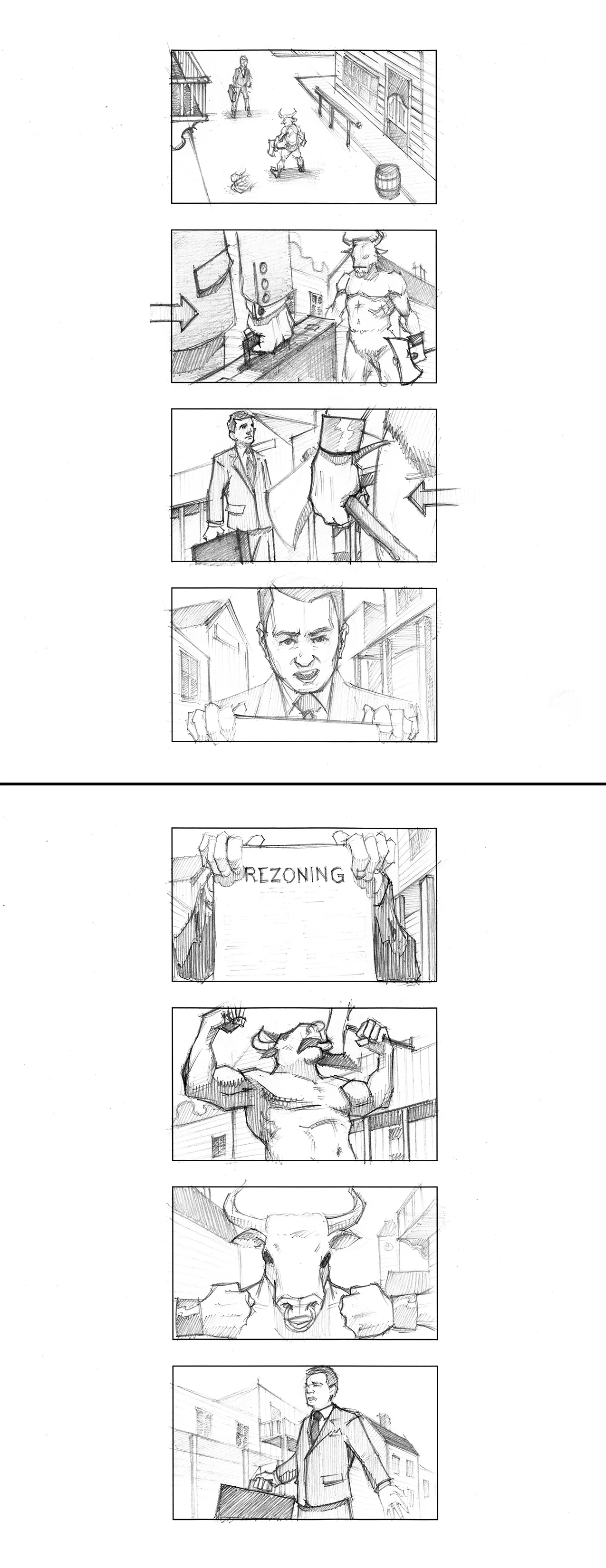  Two sample pages from  Minotaur vs. Lawyer Duel  (2011) for College Humor. 