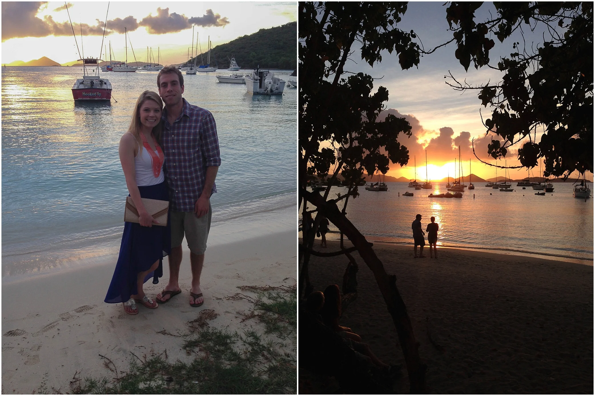 Our first night in Cruz Bay, and our view from dinner! Thank you to the person who offered to take a photo of us! (One of our only non-selfies from the trip!)