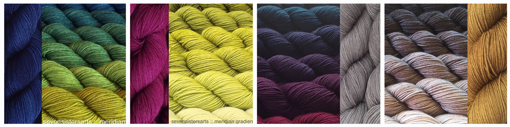 From left: (all yarn is Seven Sisters Arts Meridian) Grassroots with Mood Indigo ; Chartreuse with Azalea ; Raven's Wing with Nickel ; Transition Metals with Mead .
