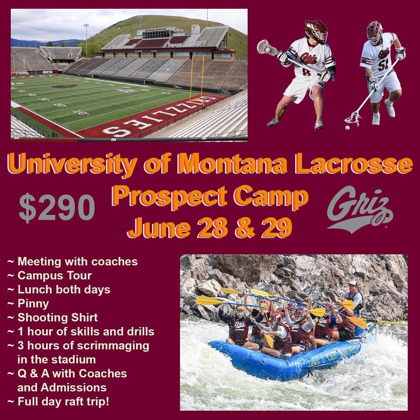 Interested in playing lacrosse in college at Montana? Register for our prospect camp June 28th and 29th. Open to anyone graduating in 2023, 2024, 2025 and 2026. Visit campus, meet with coaches and admissions staff, tour facilities, play in our stadiu