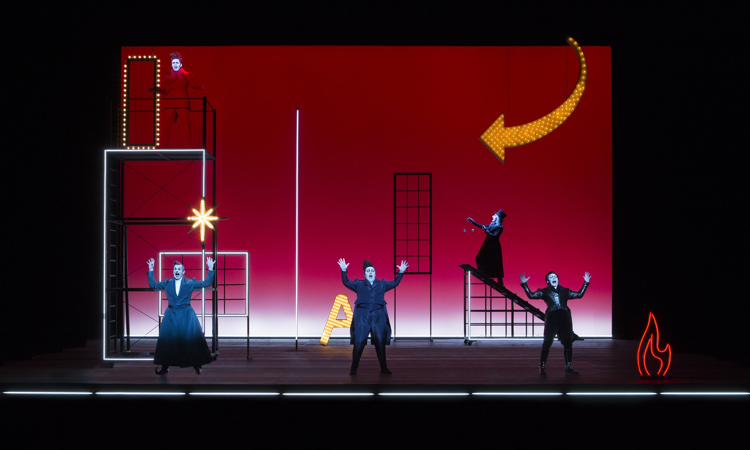 Christian Friedel (Nathanael), Rainer Philippi (Father), Alexej Lochmann (Siegmund), Andreas Grothgar (Coppola), Konstantin Lindhorst (Spalanzani) Photograph © Lucie Jansch