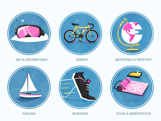 Extracurricular activities illustration with biking snowboarding running yoga
