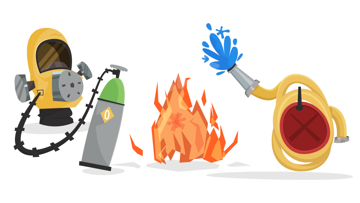 Gas mask, fire, and fire hose childrens illustrations