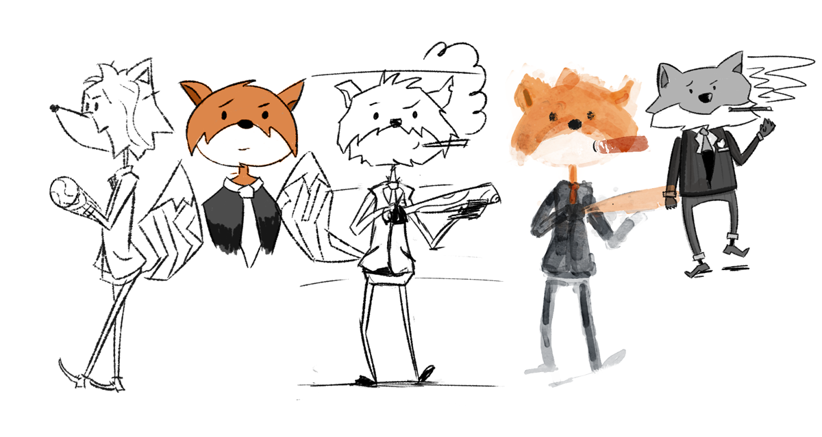 I discovered with some sketching that a fox's muzzle is key. Ok so his ears, slender type, duo tone face, and big poofy tail are going to be my best friends. There's my focal points!