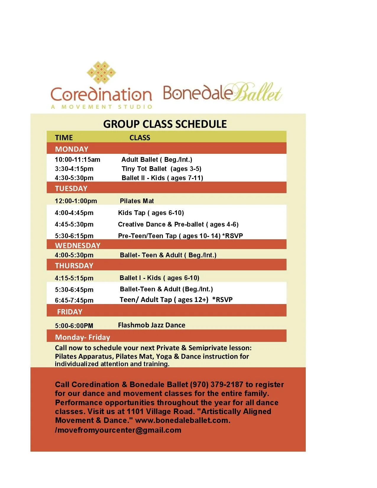 Coredination Bonedale Ballet Group Class Schedule 2020 Coredination
