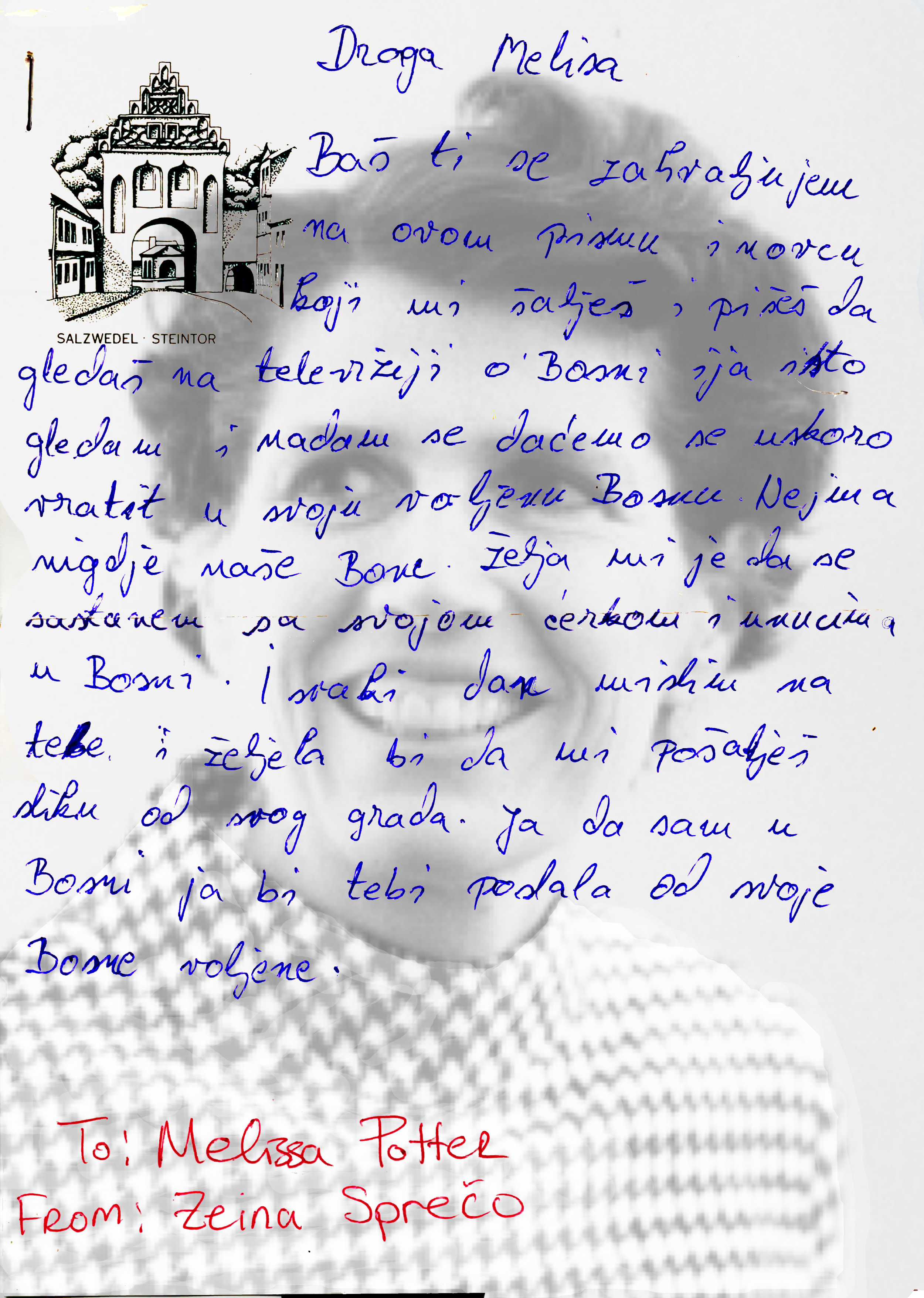   Photolithography of the letter Zejna wrote from a Croatian refugee camp, superimposed on a portrait of my grandmother.  