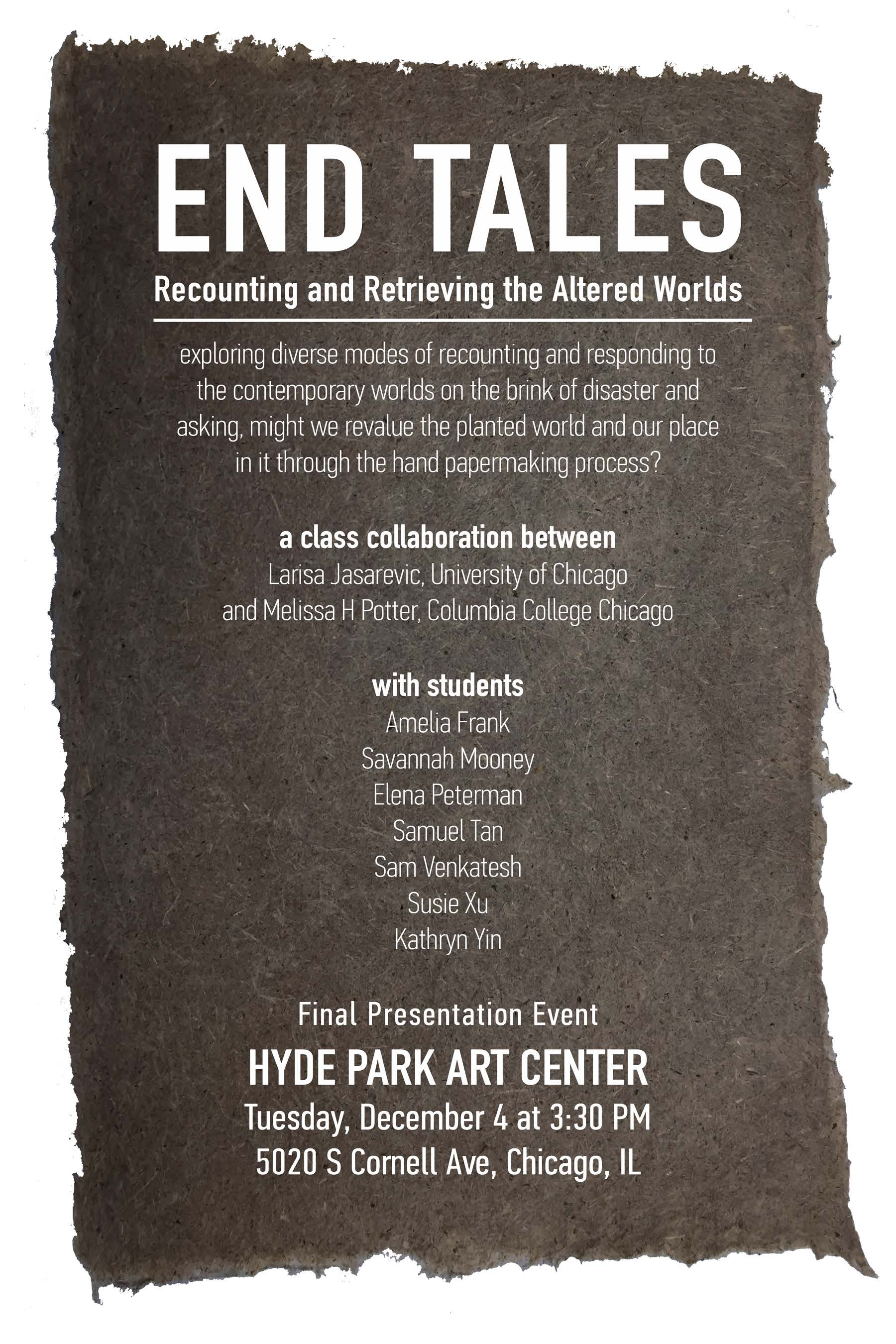   End Tales: Recounting and Retrieving the Altered Worlds event poster  