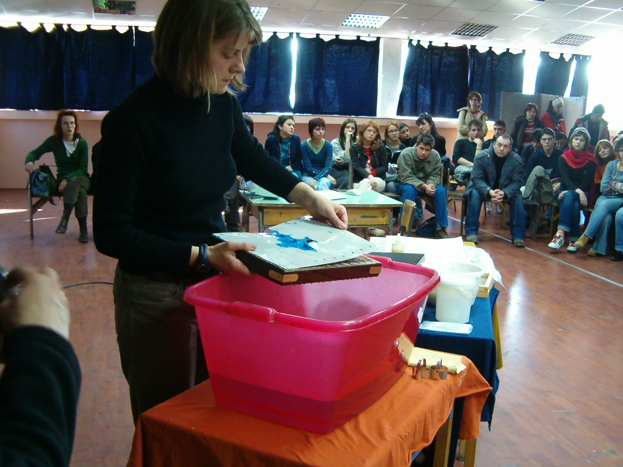   A papermaking demonstration for the Umetnicka skola in Nis, Serbia. Over the course of ten years and through Fulbright funding, I traveled extensively throughout the country with Biljana Vukovic, professor at the Faculty of Fine Arts, University of
