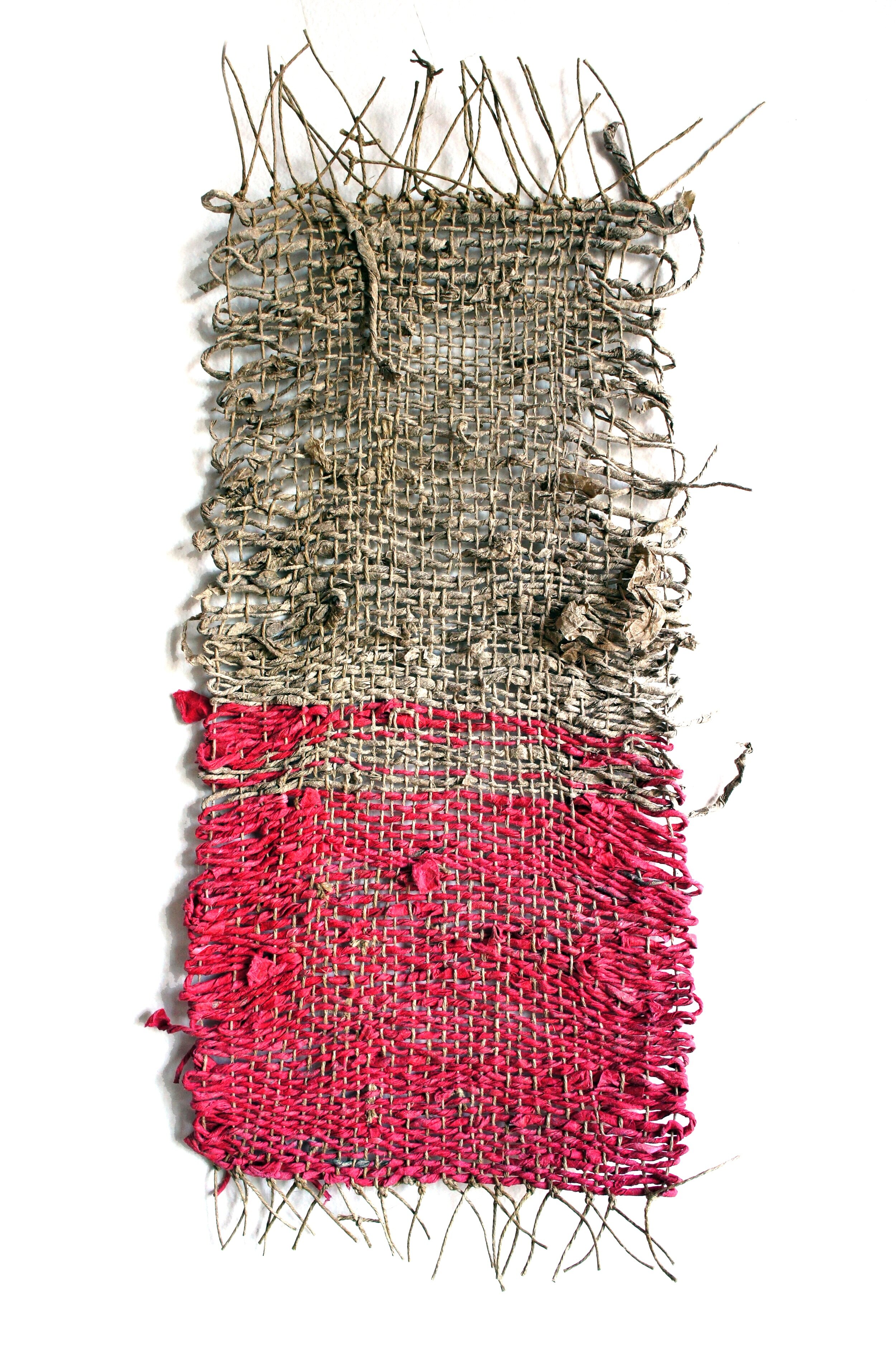   Red Tide, hand spun yarn from handmade paper artworks in flax, mulberry, and local grasses, 12’ x 18”, 2020.  