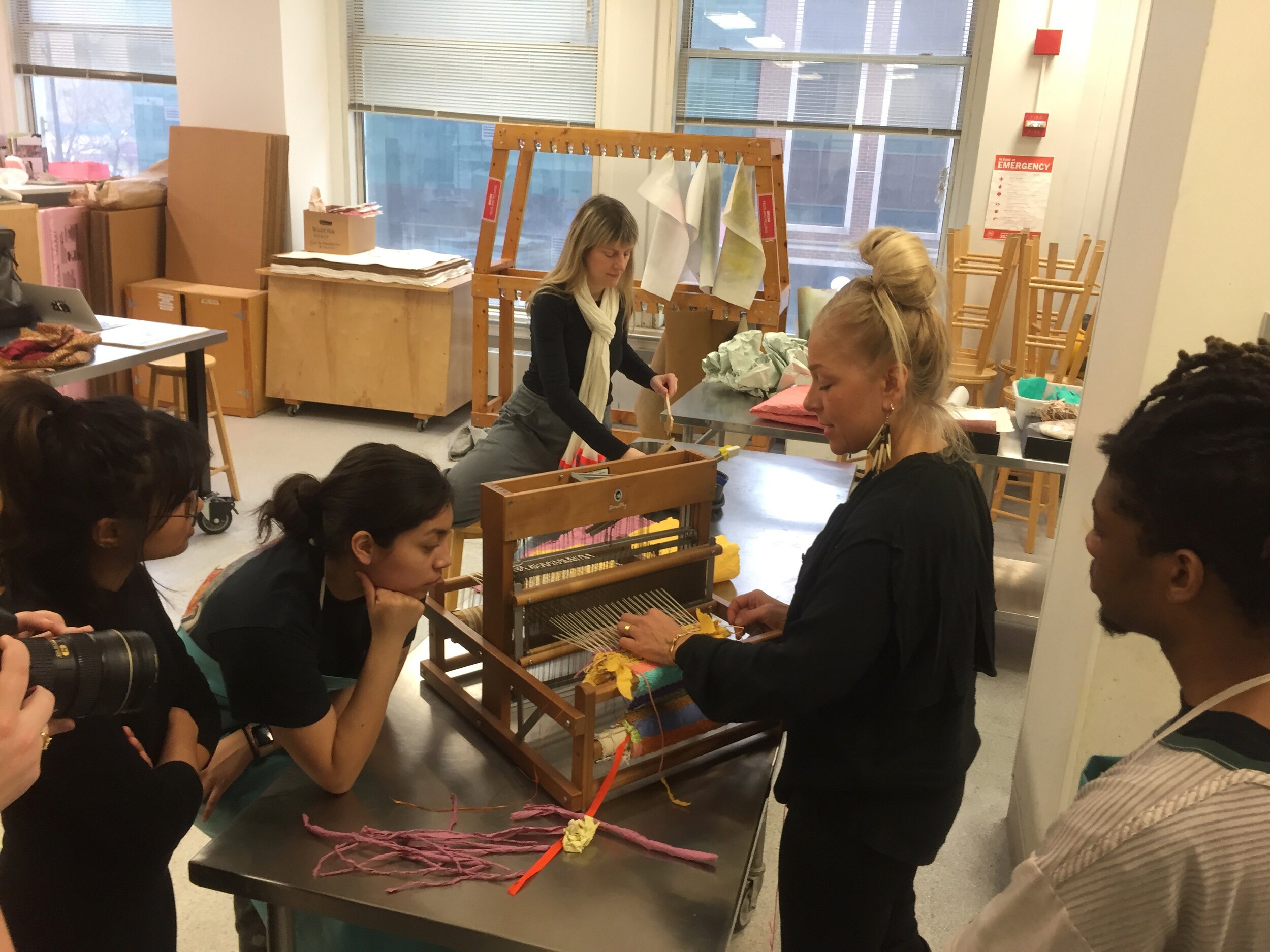   Guest artist, weaver Monika Neuland Thomas collaborates with Melissa Potter to teach weaving techniques in handmade paper.  