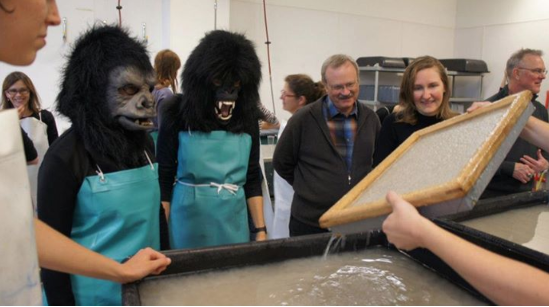   Creating handmade banana paper with The Guerrilla Girls to engage in activist poster making with Columbia College Chicago Interdisciplinary Arts graduate students, a partnership with their exhibition, Not Ready to Make Nice at the Glass Curtain Gal