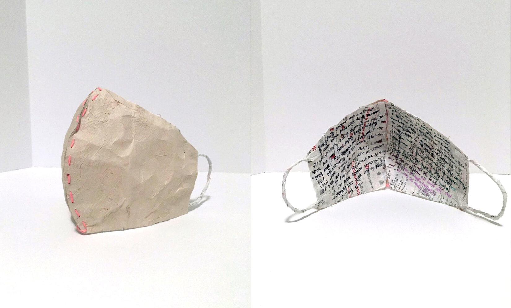  Paper mask, by Rossy Peralta, in response to the Covid-19 pandemic when classes quickly went online Spring 2020. 