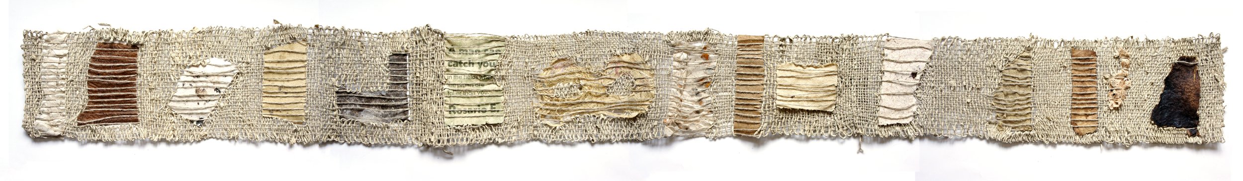   Archive, spun flax paper thread, handmade paper artwork scraps, tapestry weaving, 8 x 60 inches, 2021.  