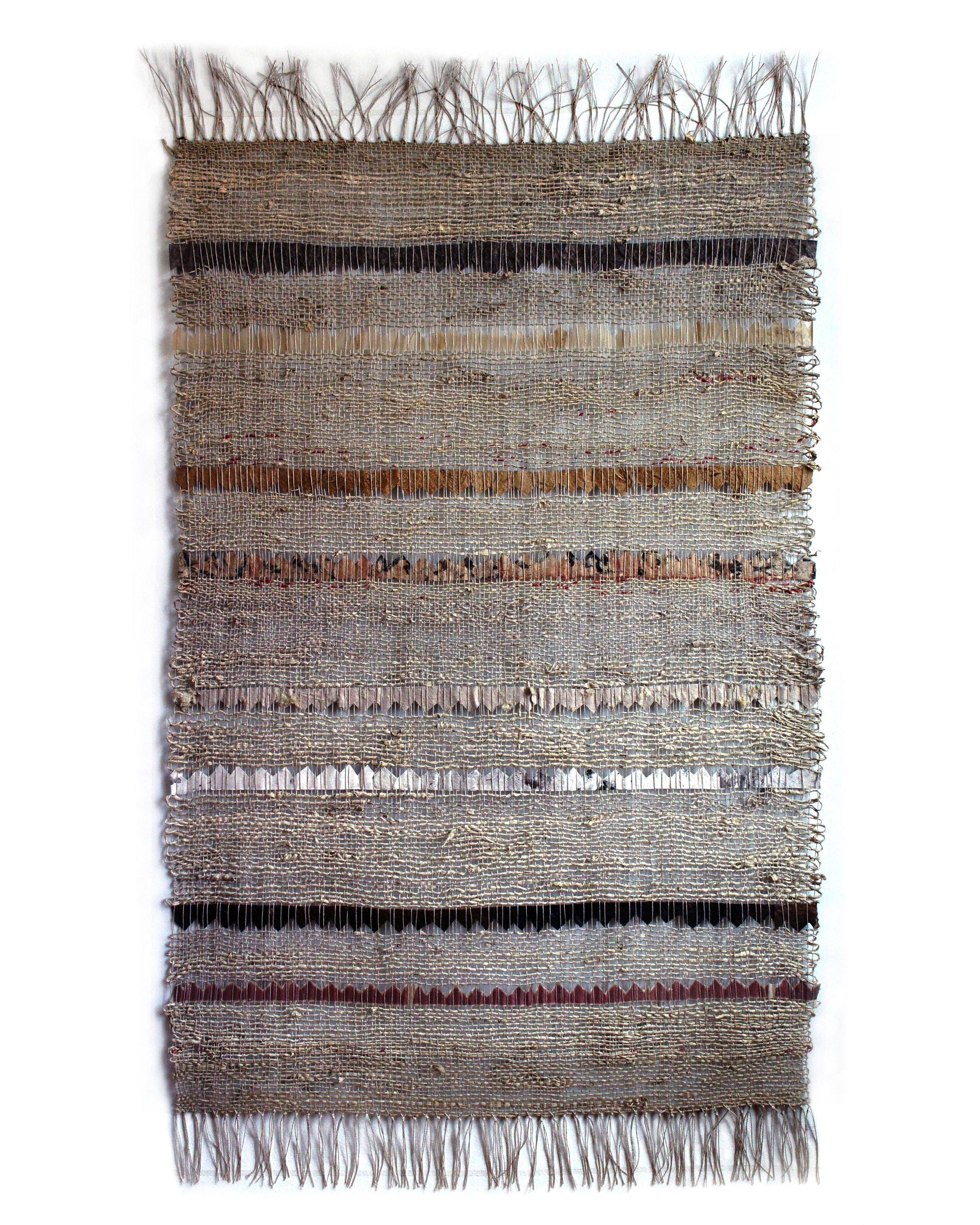   Mokosh’s Rug, hand spun flax paper yarn, archive of papermaking scraps, 3 x 5 feet, 2021.  