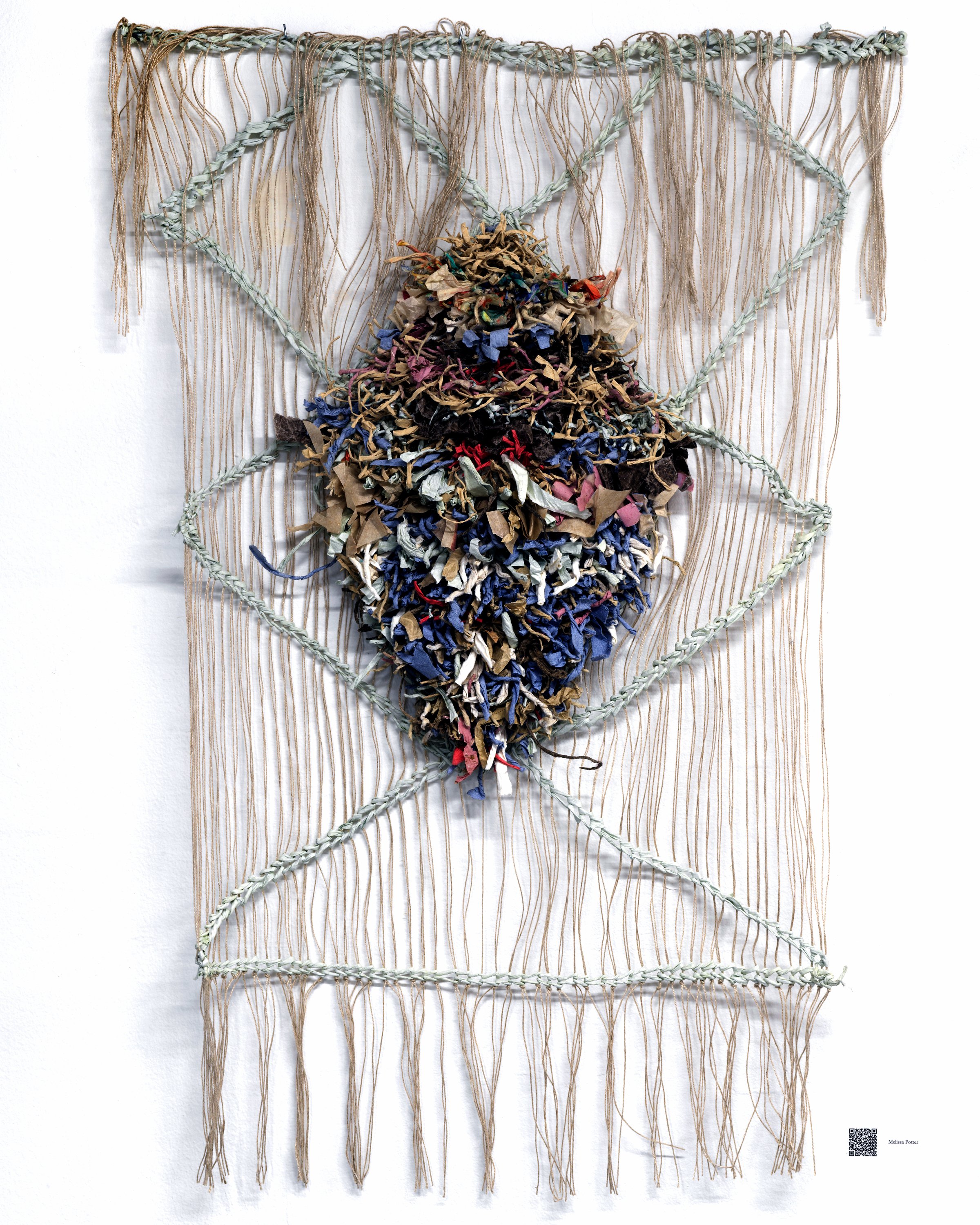   Soumak Scrap, archive of handmade paper scraps, linen, assorted, tapestry weaving, 3 x 5 feet, 2022.  
