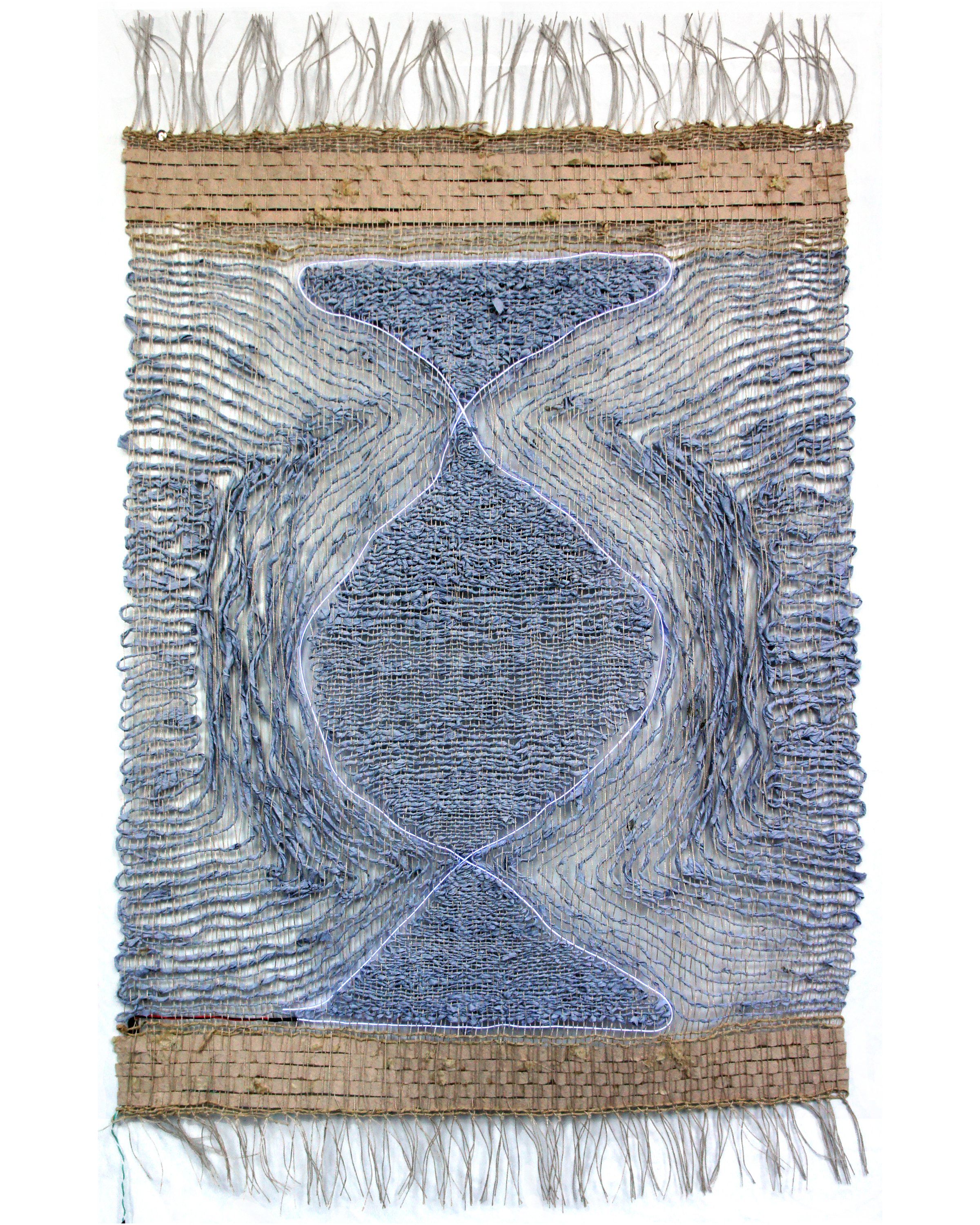   Tusheti Rug 3, pulped quilt, okra handmade paper, el wire, tapestry weaving, 3 x 5 feet, 2022.  