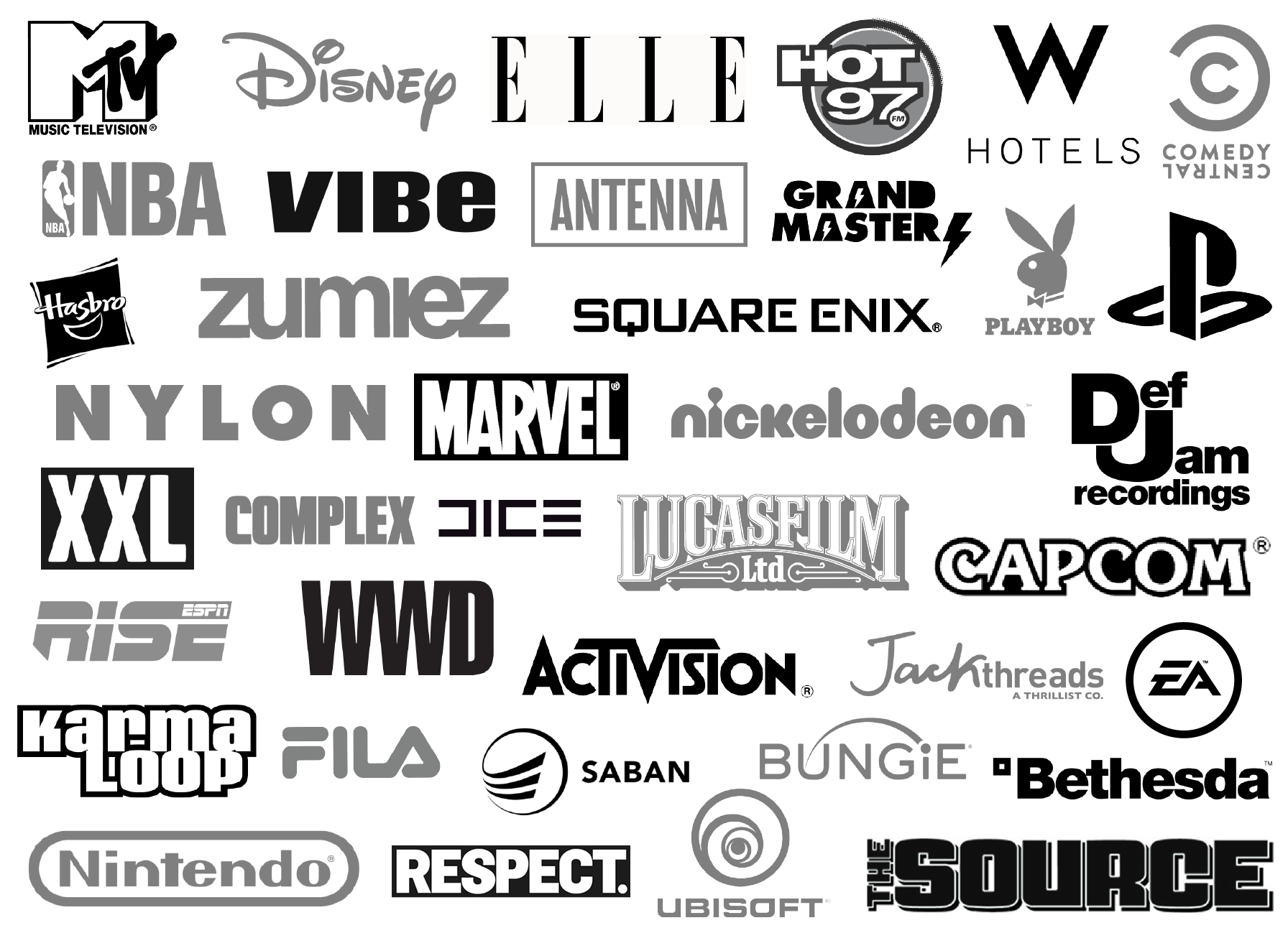 Over the years, I have worked and collaborated with several popular entertainment corporations, licenses, and brands. My work has been featured in several well-known print & online publications such as Elle, Nylon, Complex and Hypebeast; television programming on networks MTV, VH1, and The Travel Channel; and global corporations LucasFilm, Marvel, Nintendo, Nickelodeon and Disney.