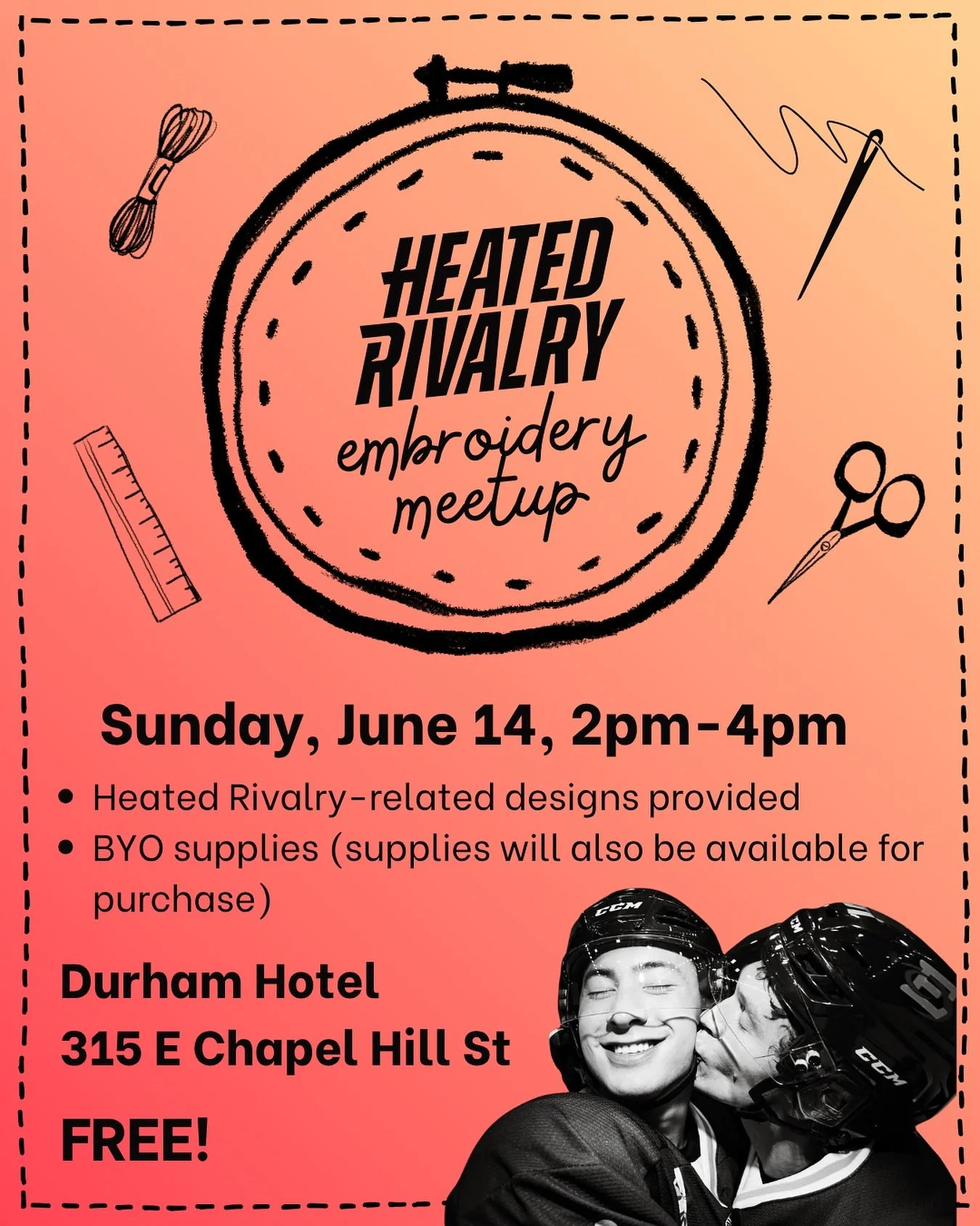Let&rsquo;s sew together!  June 14th, let&rsquo;s meet up at the Durham Hotel and embroider some cute little stitches on things you bring or some fabric we&rsquo;ll have on hand. Bring your preferred colors of thread and supplies or use what we have 