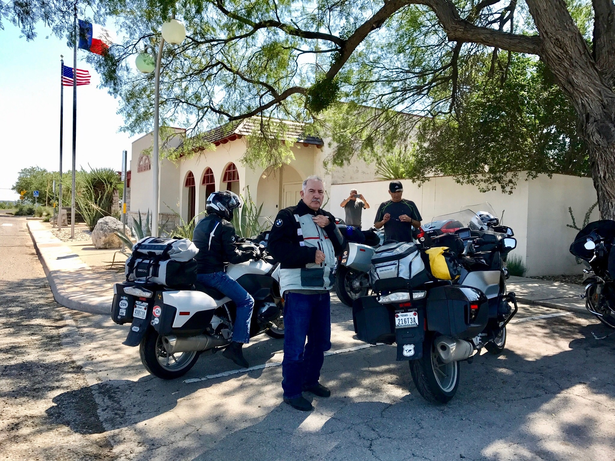 Judge Roy Bean TxDot Information Center in Langtry, Texas. That's me on the white RT, Tomas, Albert in the background shooting a photo, and David. 