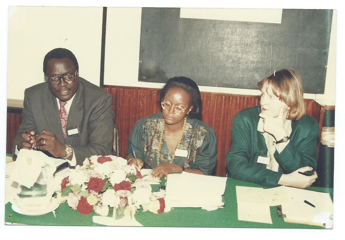 Ambassador Simon Bullut (left), former Ambassador of Kenya to France & Uganda, Ms. Ritta Nzao (center), Researcher, from TPRI, Tanzania and Dr. Eva Rathberger (right), IDRC Regional Representative for Eastern & Southern Africa for Officiating GIDE Workshop on Biodiversity Prospecting, Nairobi, Kenya, 1996