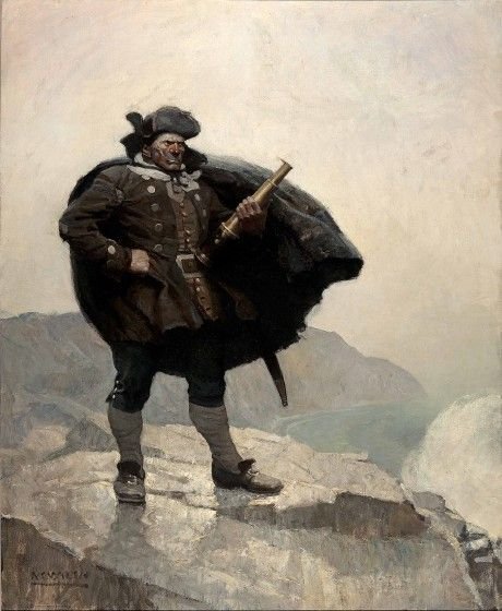 N. C. Wyeth - All day he hung round the cove, or upon the cliffs, with a brass telescope - Oil on canvas.jpg