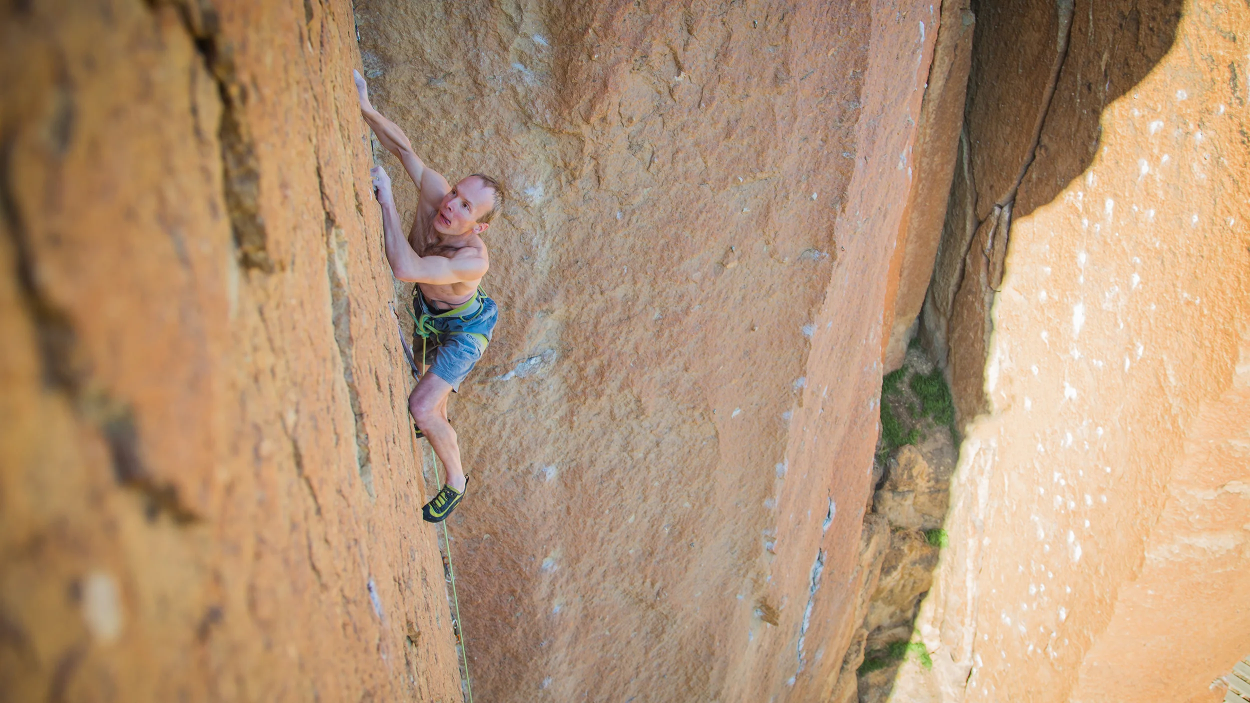 Ted midway through the crux on To Bolt or Not to Be 5.14a