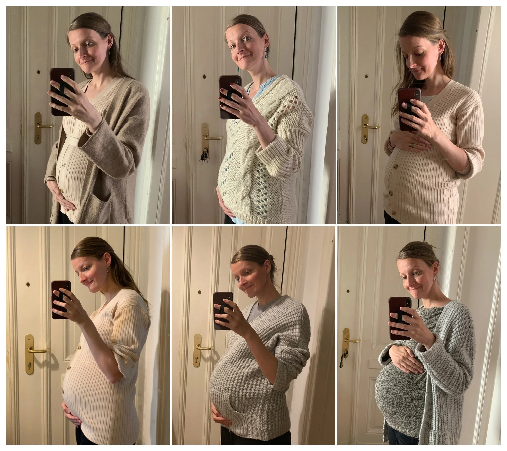 Babybauch Serie mit Smartphone fotografiert. Selbstporträts einer schwangeren Frau vor derselben Tür über mehrere Schwangerschaftswochen.