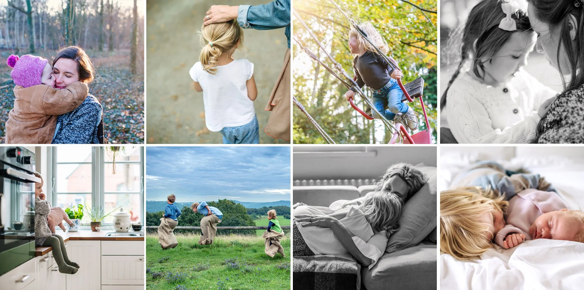 Collage mit acht natürlichen Familienfotos mit Kindern