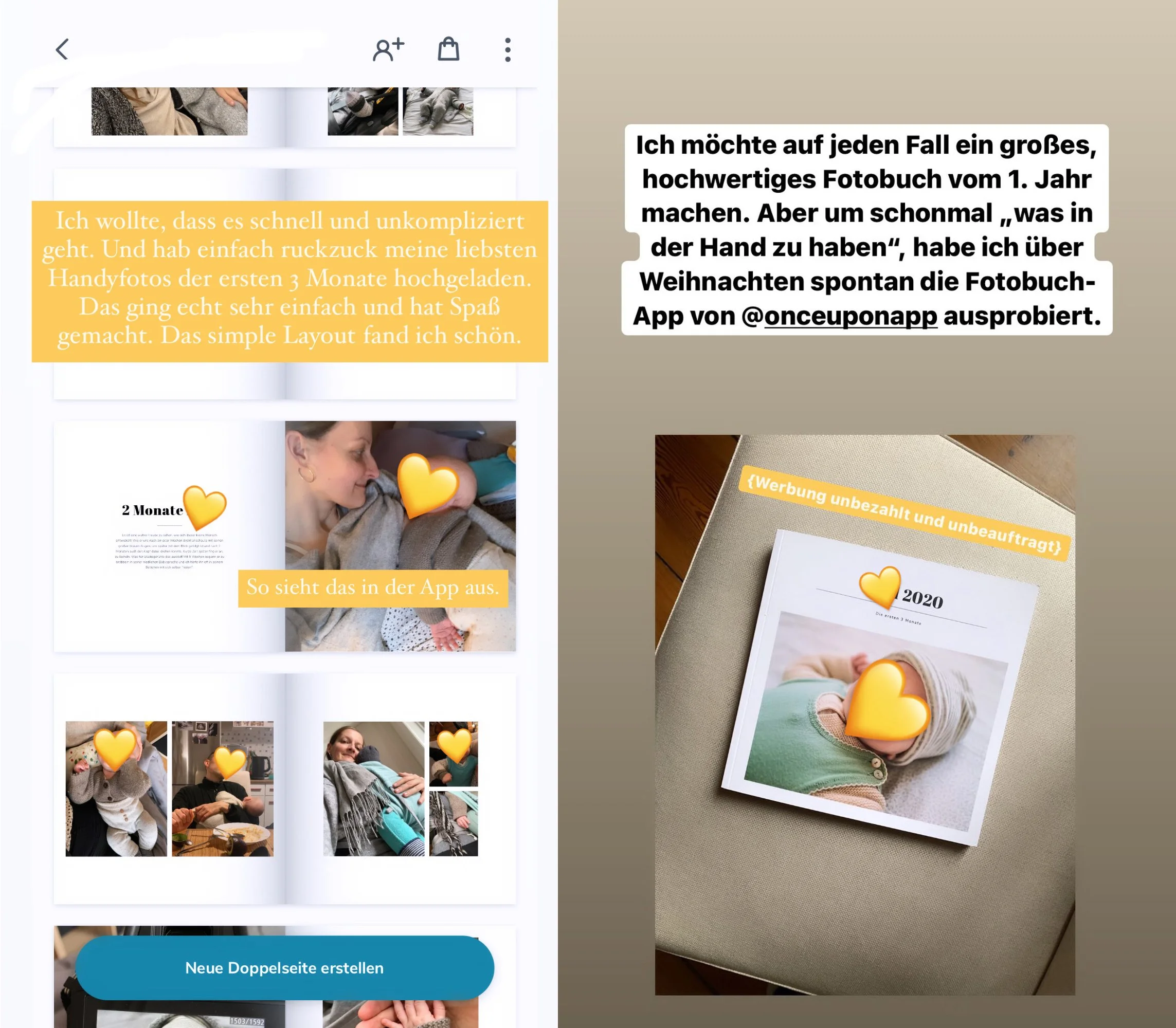 Übersicht über das Layout eines Babyalbums in der App von Once Upon.