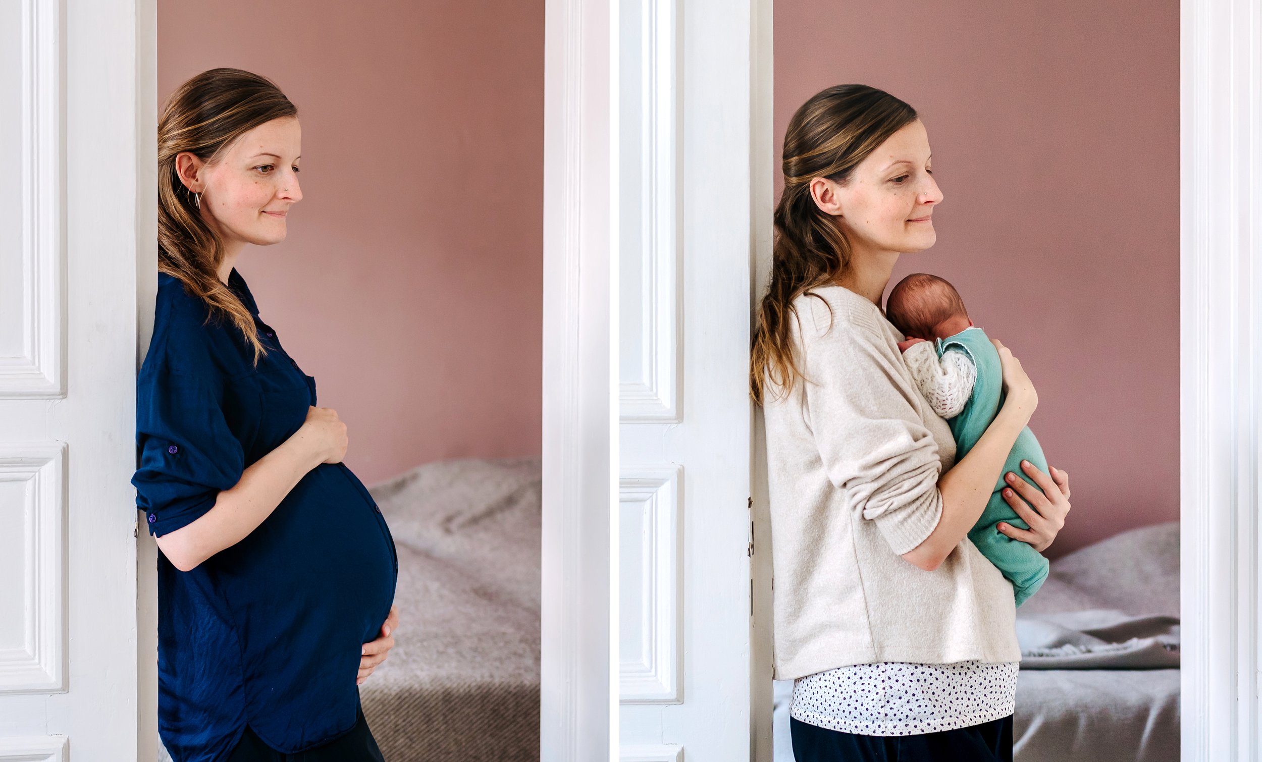 Vorher-Nachher-Foto mit Babybauch im Türrahmen vor dem Schlafzimmer im 9. Monat und mit Neugeborenem.
