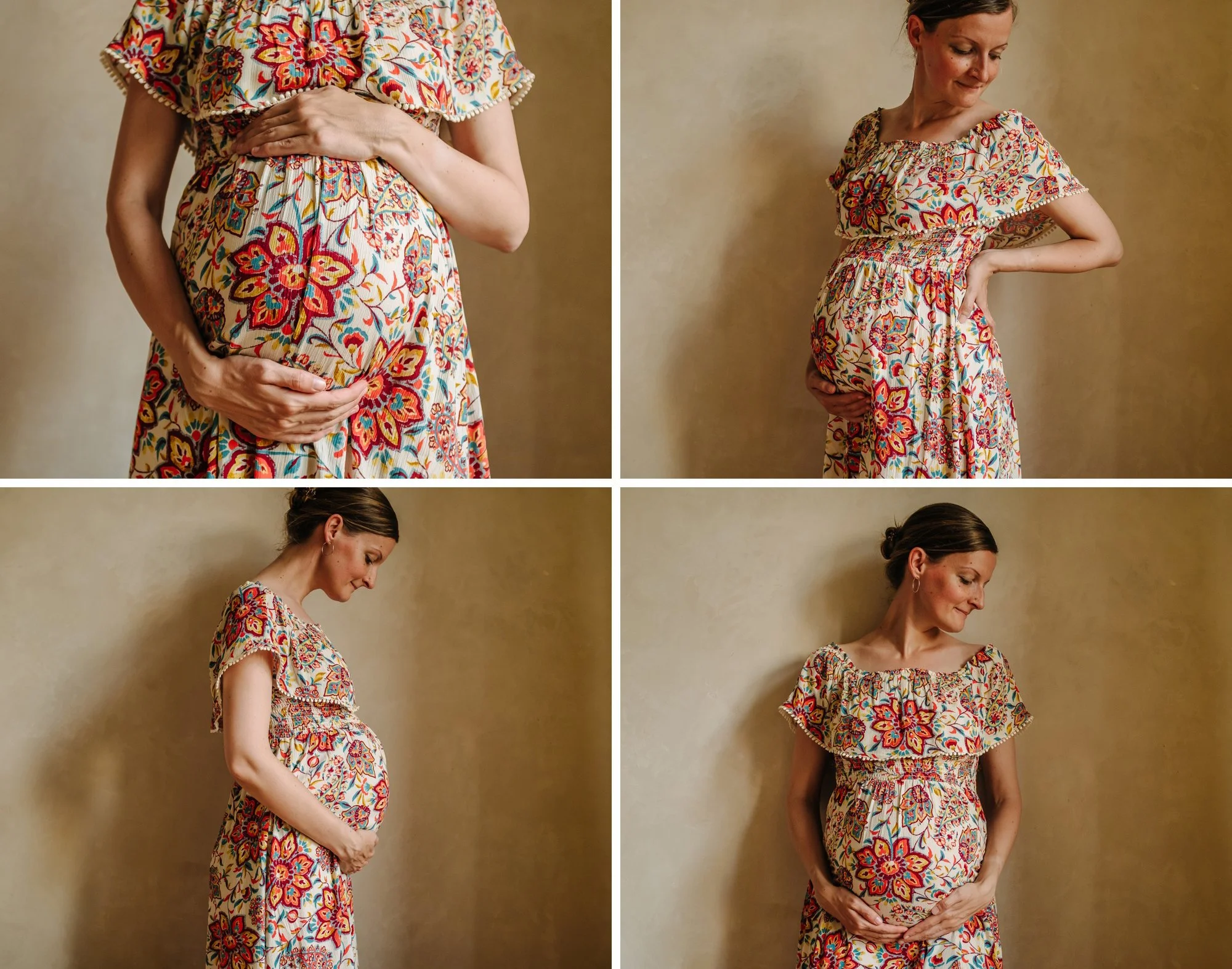 Schwangere Frau zeigt vier Posen für schöne Babybauchfotos in einem bunten Kleid vor einer schlichten Wand.