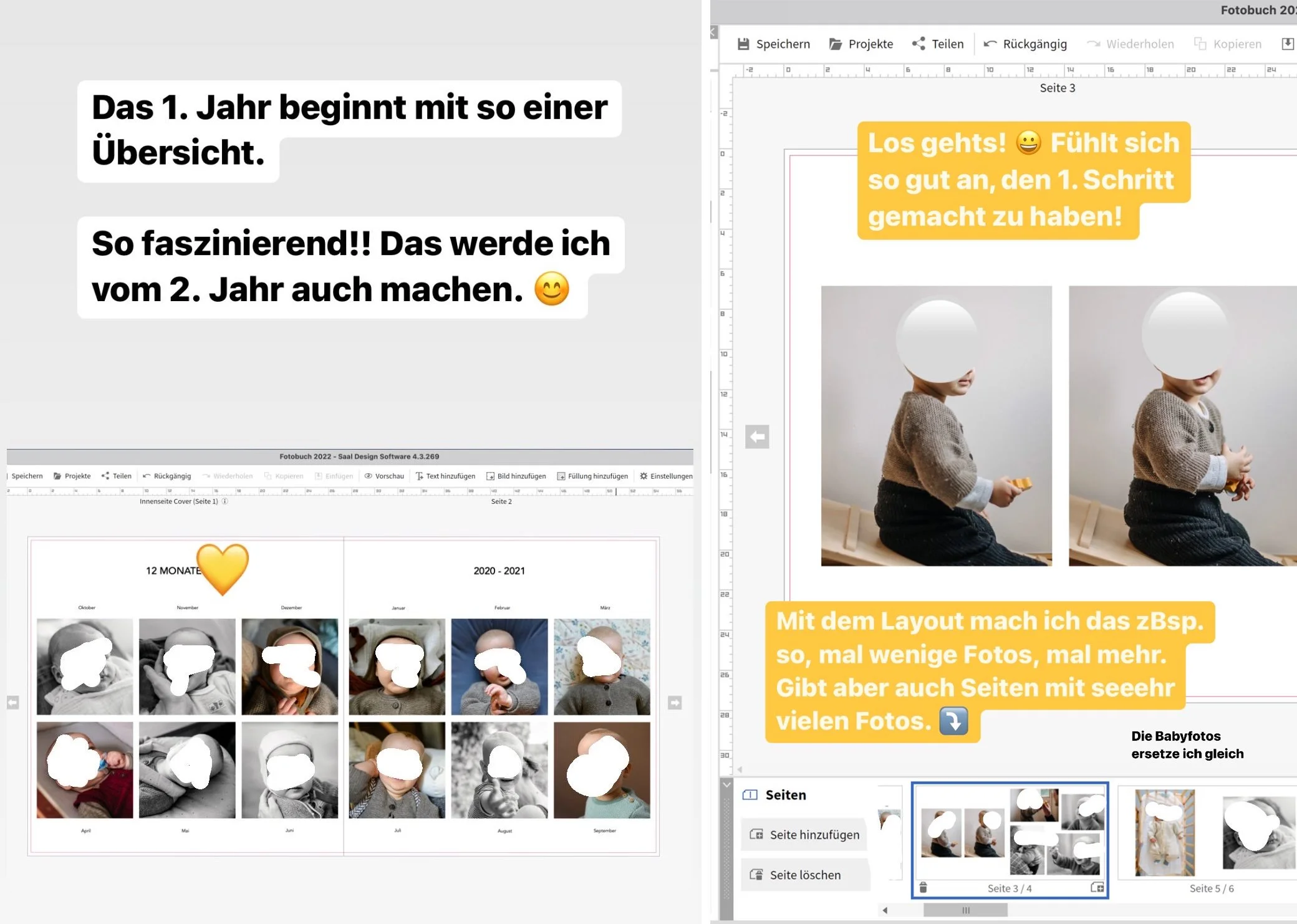 Instagram Storys mit Einblicken in das Layout eines Babyalbums.