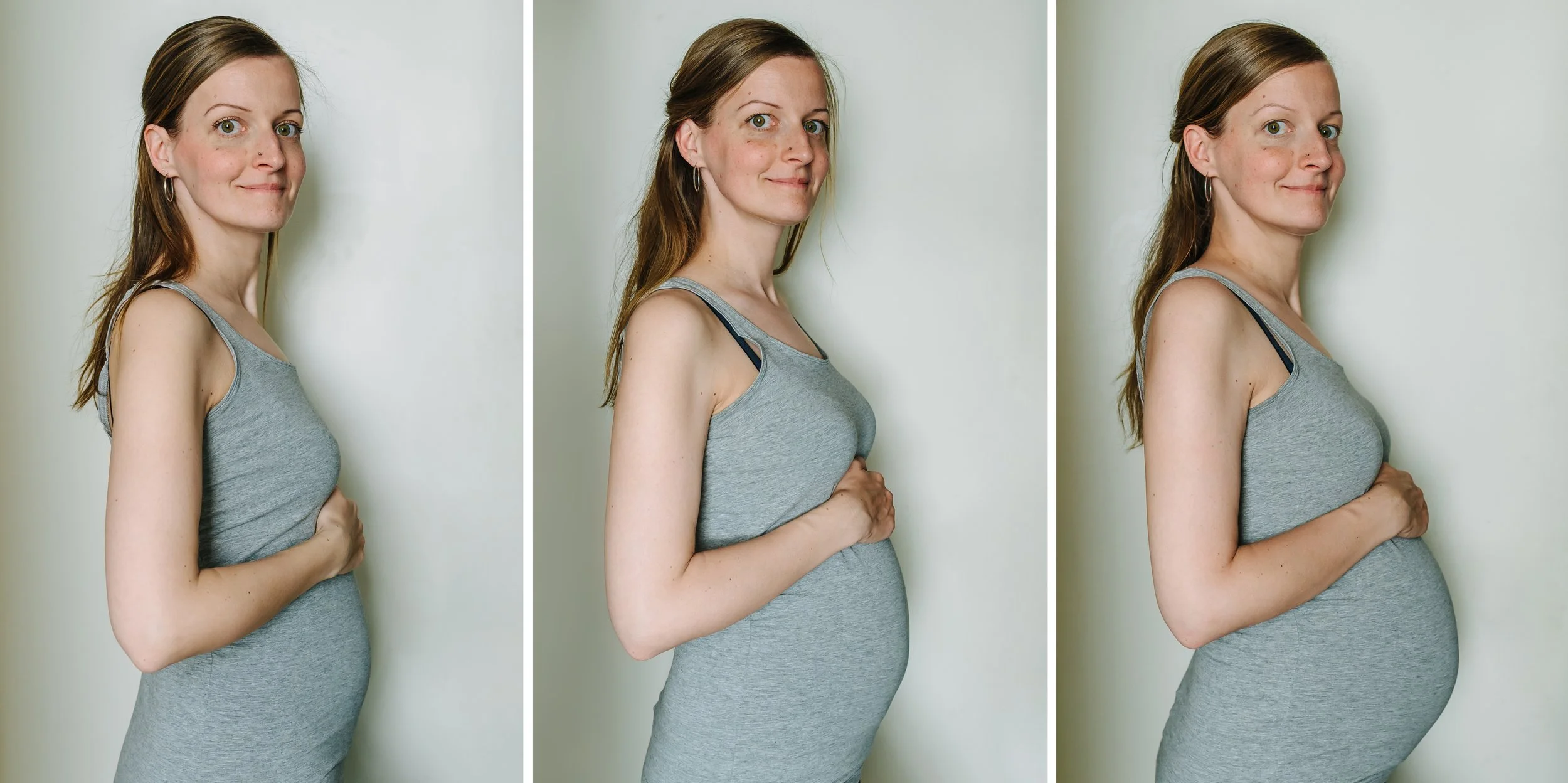 Collage mit drei Babybauch Fotos, die den wachsenden Babybauch im Verlauf der Schwangerschaft zeigen.