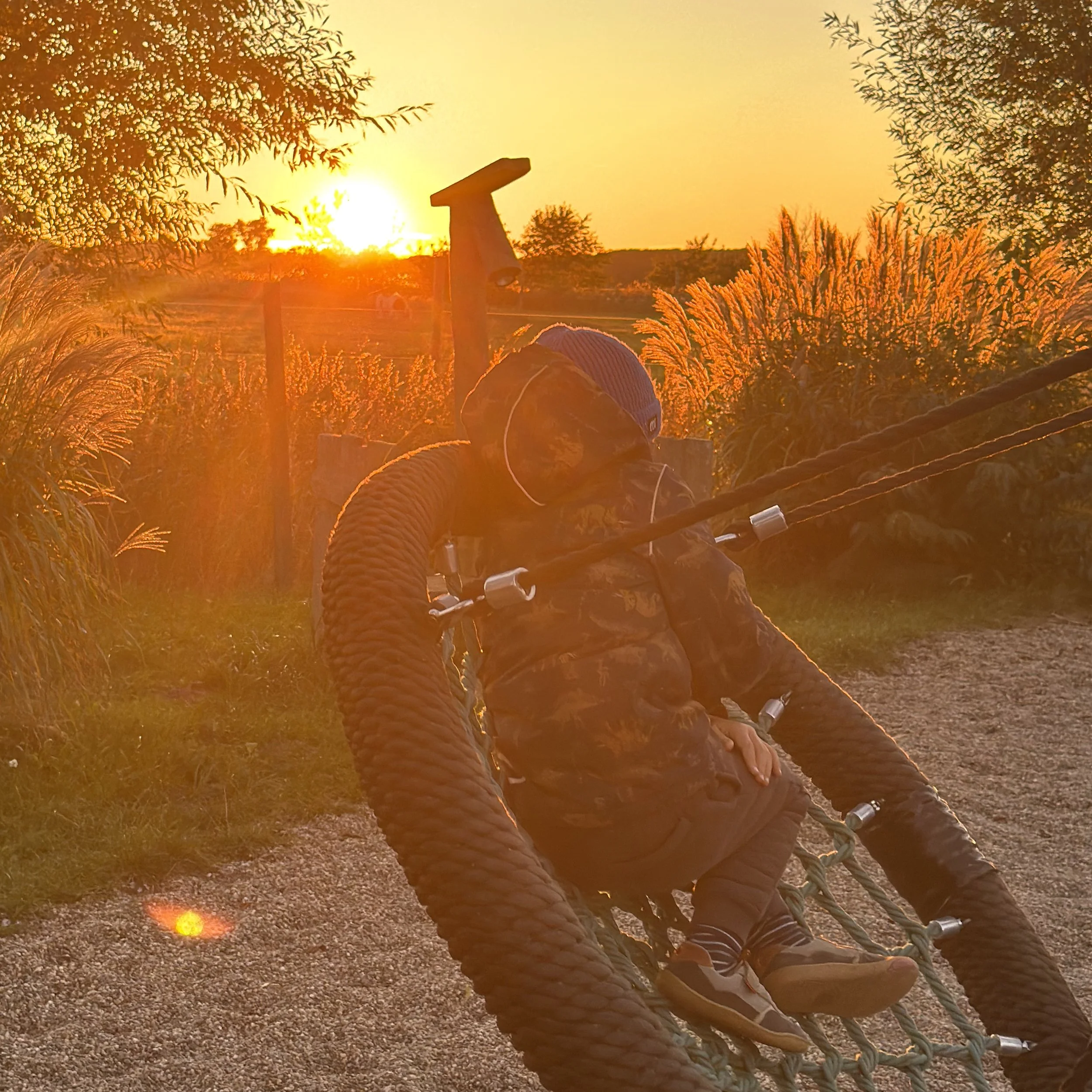 Handyfoto von einem Kind auf der Schaukel im Abendlicht im Herbst.