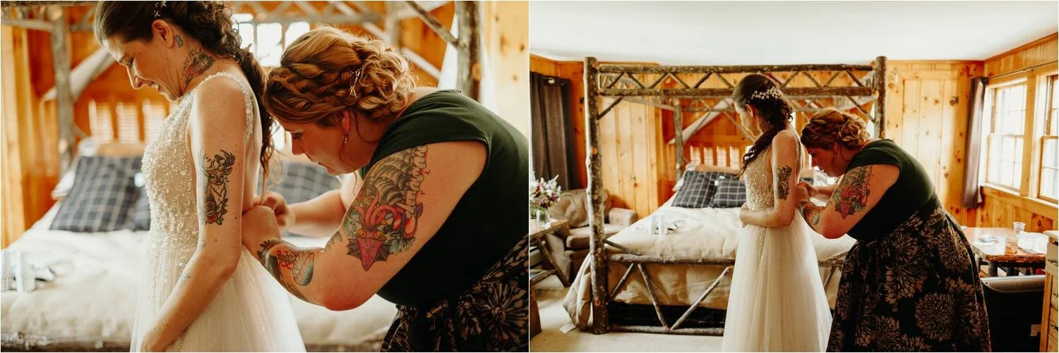 Whitney's Inn Jackson New Hampshire White Mountains Wedding - Tattooed Couple - BHLDN Gown- Jemima Richards