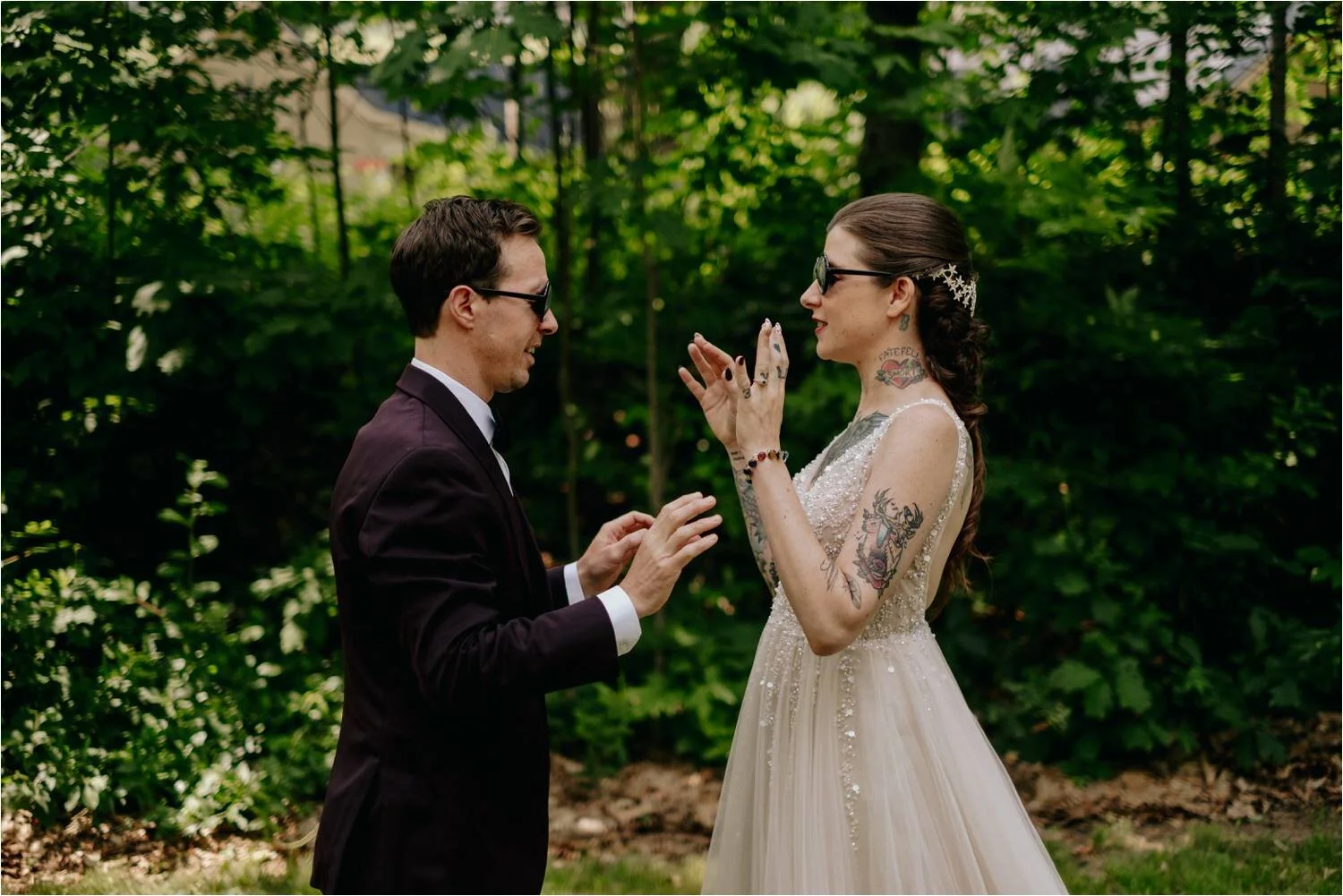Whitney's Inn Jackson New Hampshire White Mountains Wedding - Tattooed Couple - BHLDN Gown- Jemima Richards
