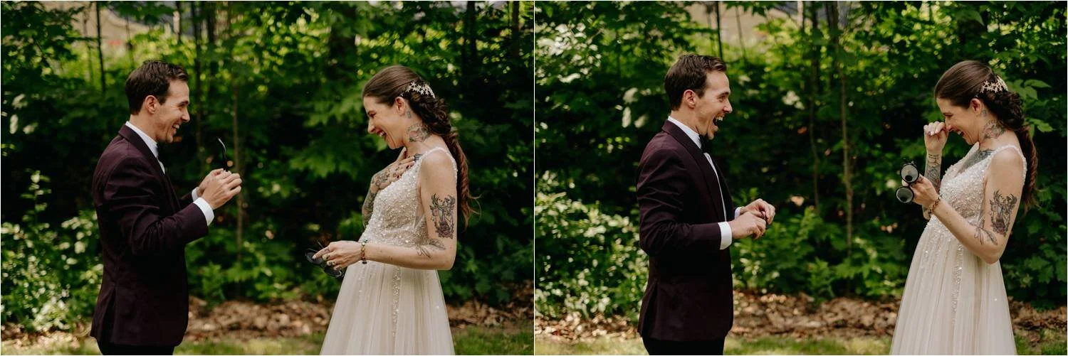 Whitney's Inn Jackson New Hampshire White Mountains Wedding - Tattooed Couple - BHLDN Gown- Jemima Richards