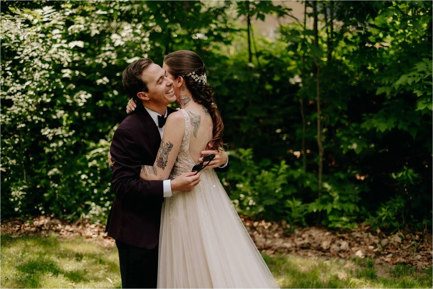 Whitney's Inn Jackson New Hampshire White Mountains Wedding - Tattooed Couple - BHLDN Gown- Jemima Richards