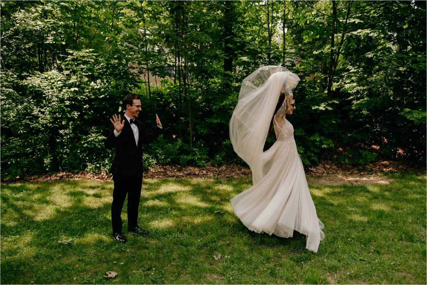 Tattooed Bride wearing BHLDN Wedding Dress during First Look at Whitney's In Jackson New Hampshire - Jemima Richards